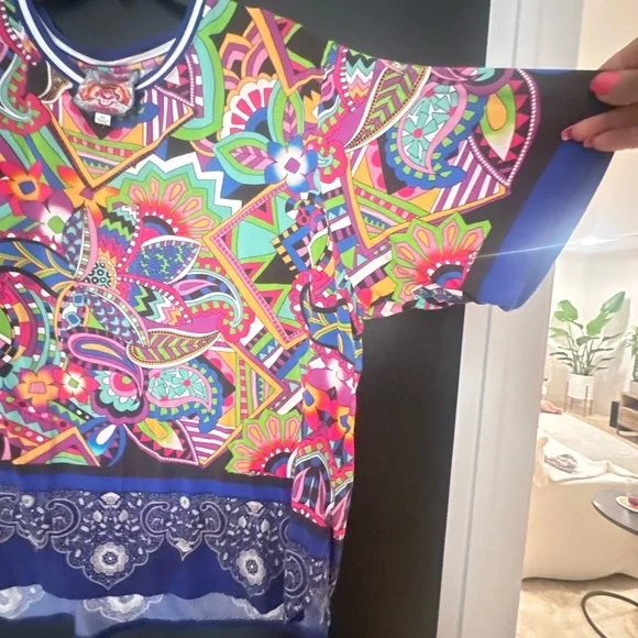 Johnny Was Pink and Blue Graphic Short Sleeve Blouse - Picture 3 of 4